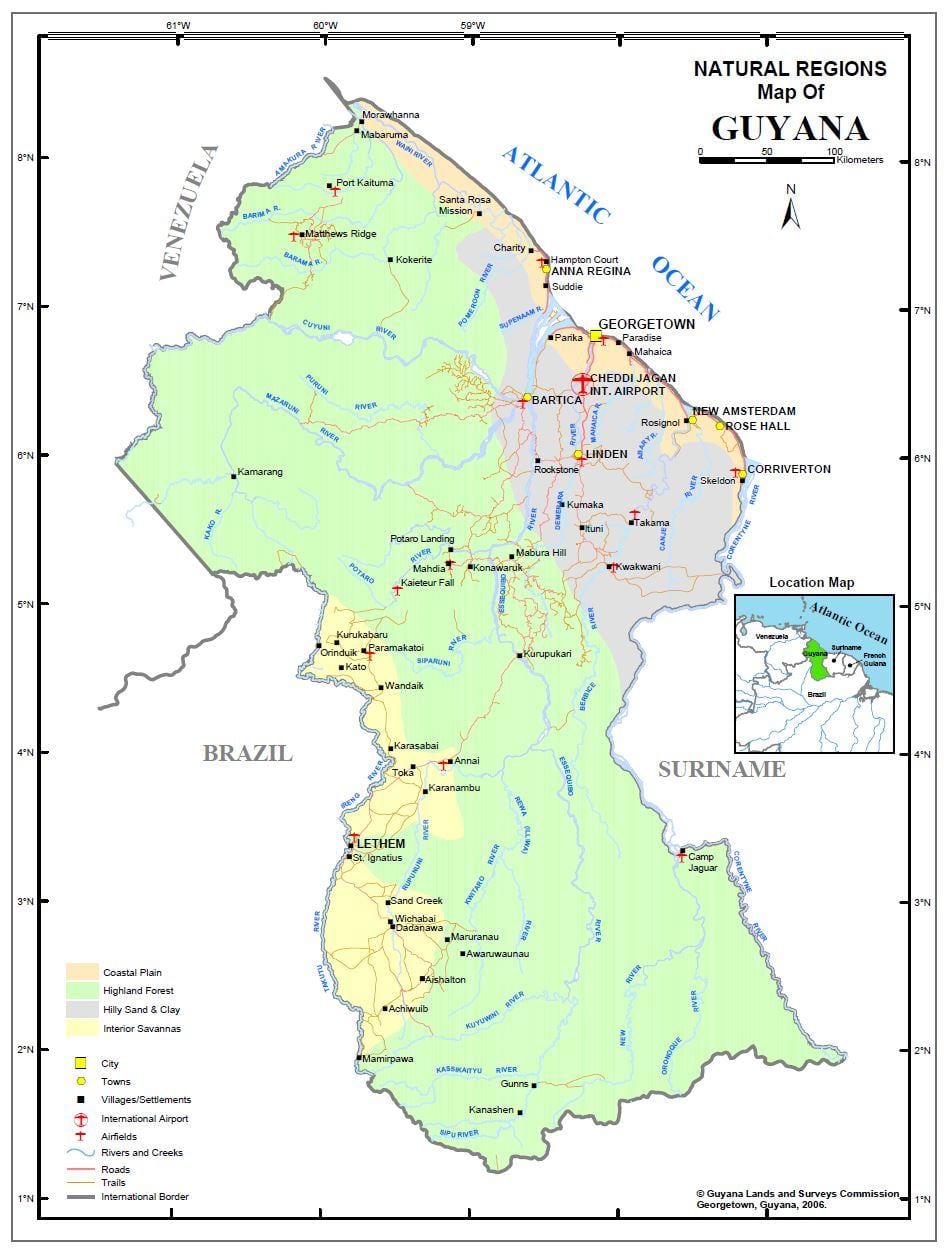 ನಕ್ಷೆ ಗಯಾನಾ ತೋರಿಸುವ 4 ನೈಸರ್ಗಿಕ ಪ್ರದೇಶಗಳು